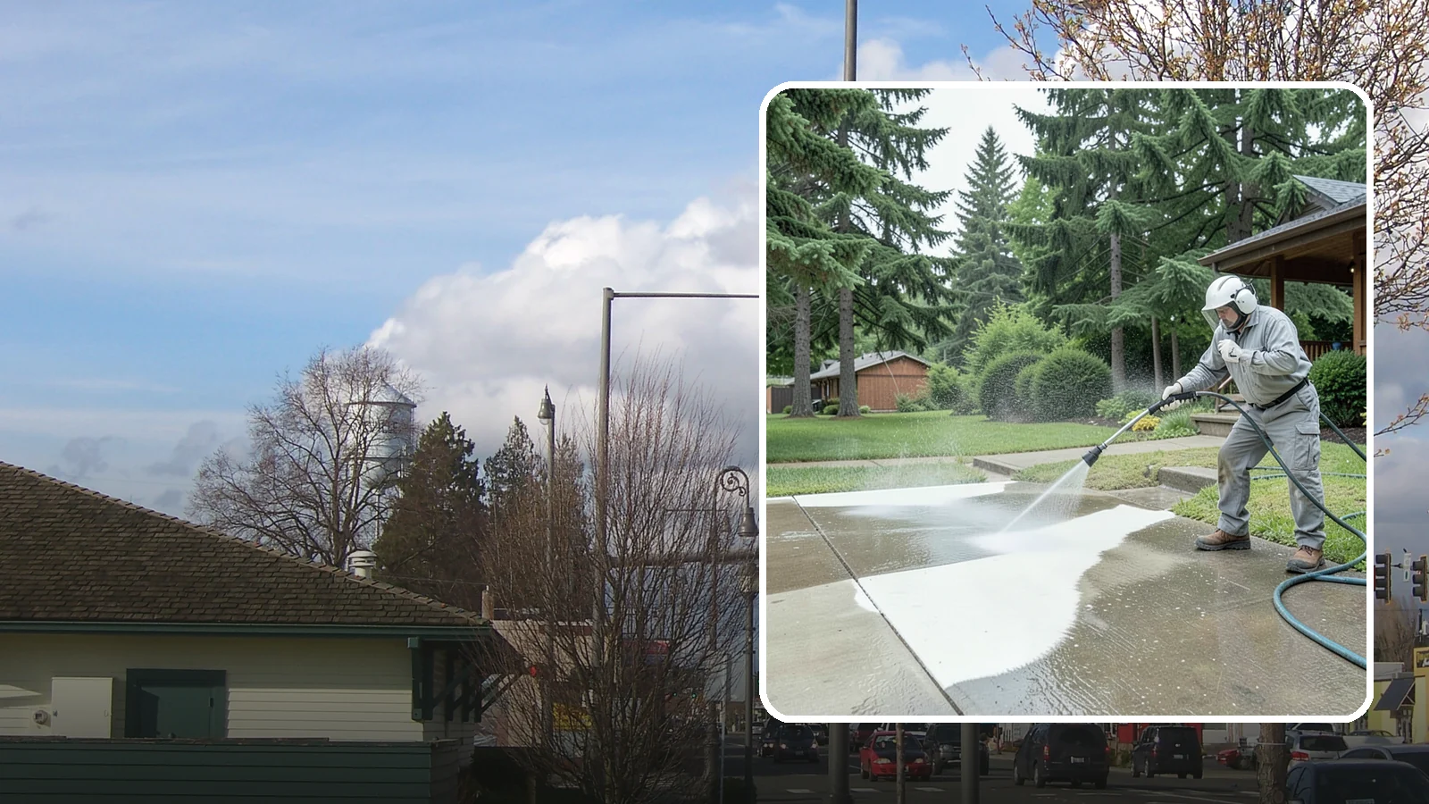 Concrete Surface Cleaning in Marysville, Snohomish County, WA - General concrete surface cleaning that clears dirt, moss film, and organic staining from flatwork and walls.