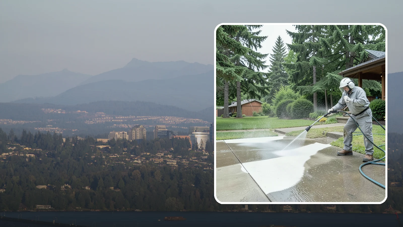 Concrete Surface Cleaning in Medina, King County, WA - General concrete surface cleaning that clears dirt, moss film, and organic staining from flatwork and walls.