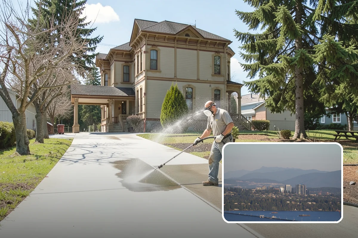 Concrete Surface Cleaning in Medina, King County, WA - Removes green film, dirt, and organic staining