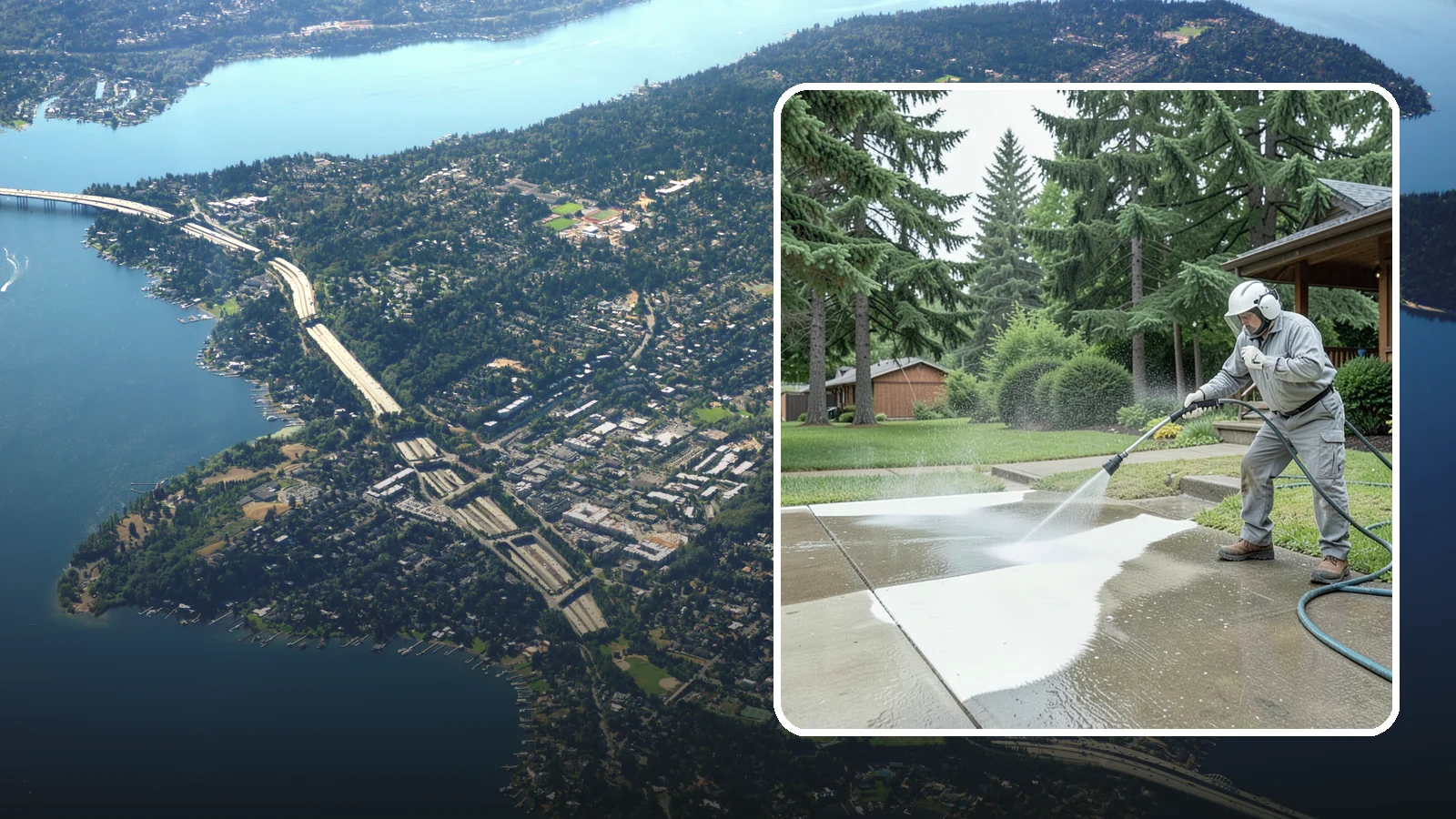 Concrete Surface Cleaning in Mercer Island, King County, WA - General concrete surface cleaning that clears dirt, moss film, and organic staining from flatwork and walls.