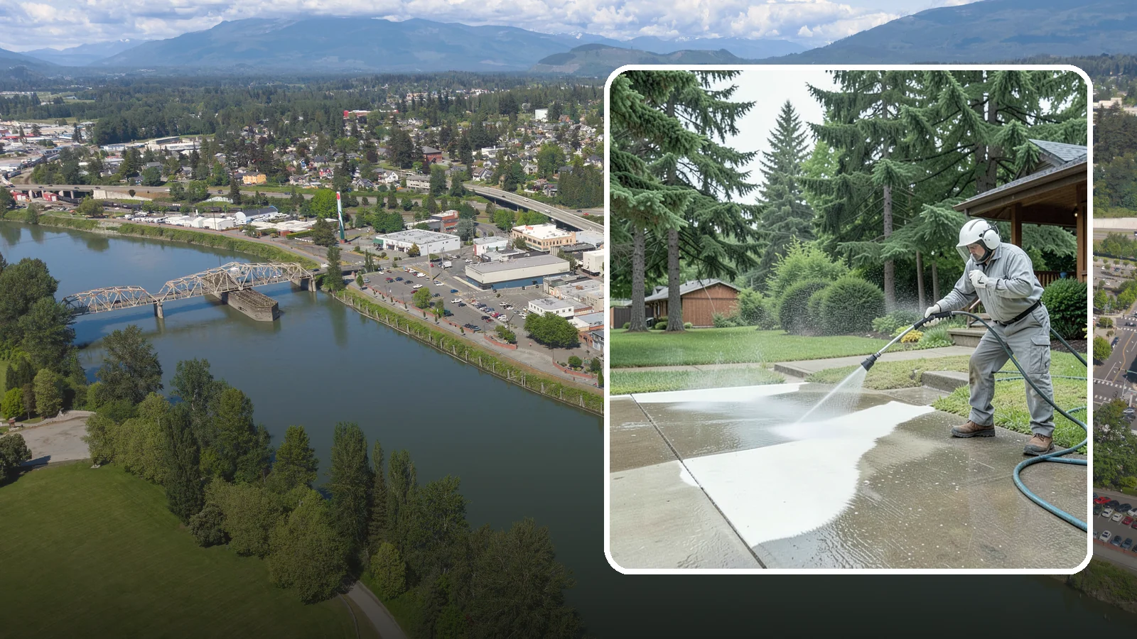 Concrete Surface Cleaning in Mount Vernon, Skagit County, WA - General concrete surface cleaning that clears dirt, moss film, and organic staining from flatwork and walls.
