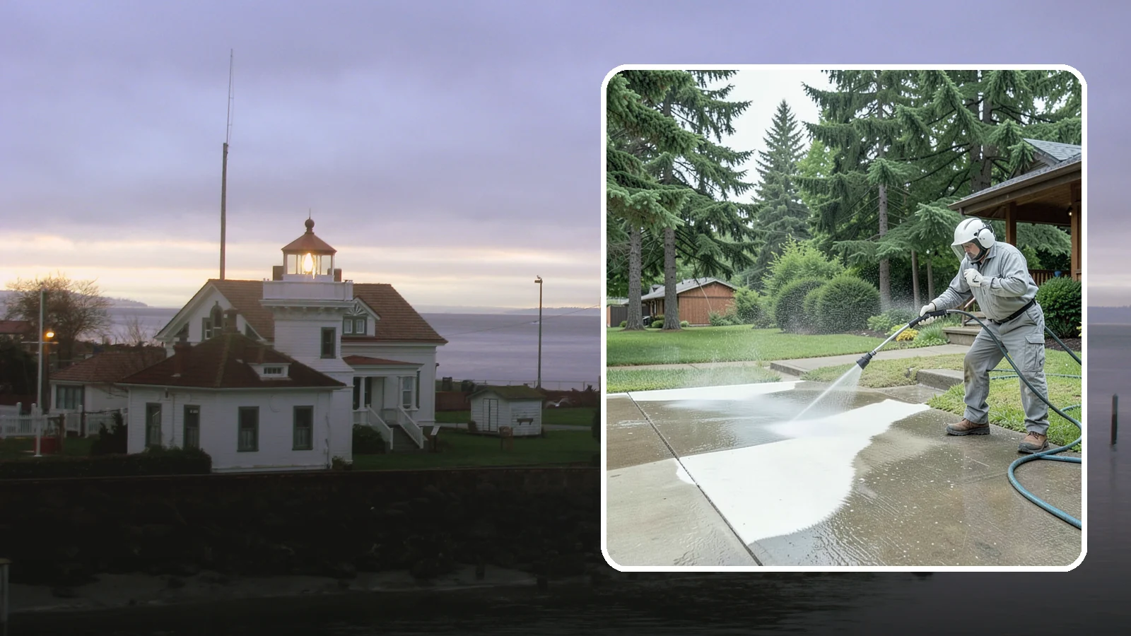 Concrete Surface Cleaning in Mukilteo, Snohomish County, WA - General concrete surface cleaning that clears dirt, moss film, and organic staining from flatwork and walls.