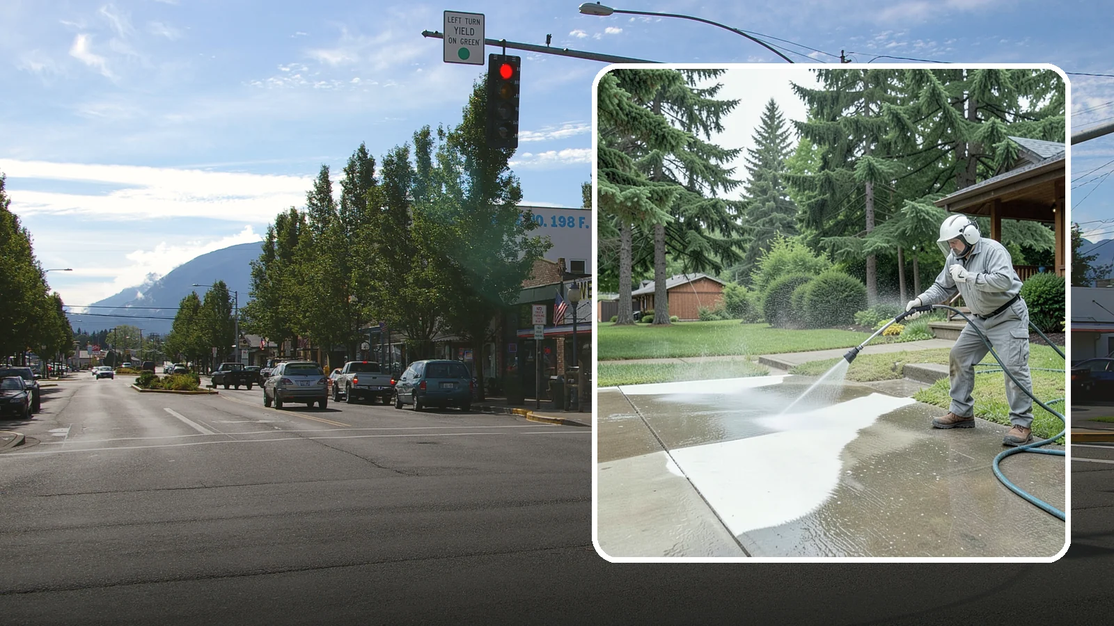 Concrete Surface Cleaning in North Bend, King County, WA - General concrete surface cleaning that clears dirt, moss film, and organic staining from flatwork and walls.
