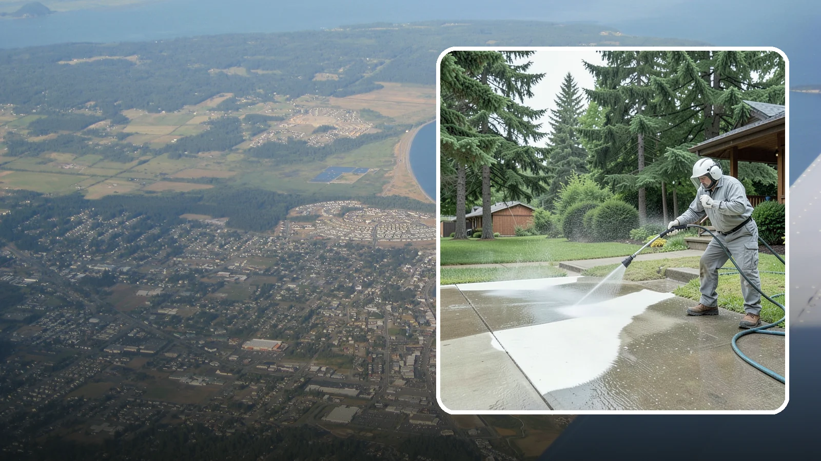 Concrete Surface Cleaning in Oak Harbor, Island County, WA - General concrete surface cleaning that clears dirt, moss film, and organic staining from flatwork and walls.