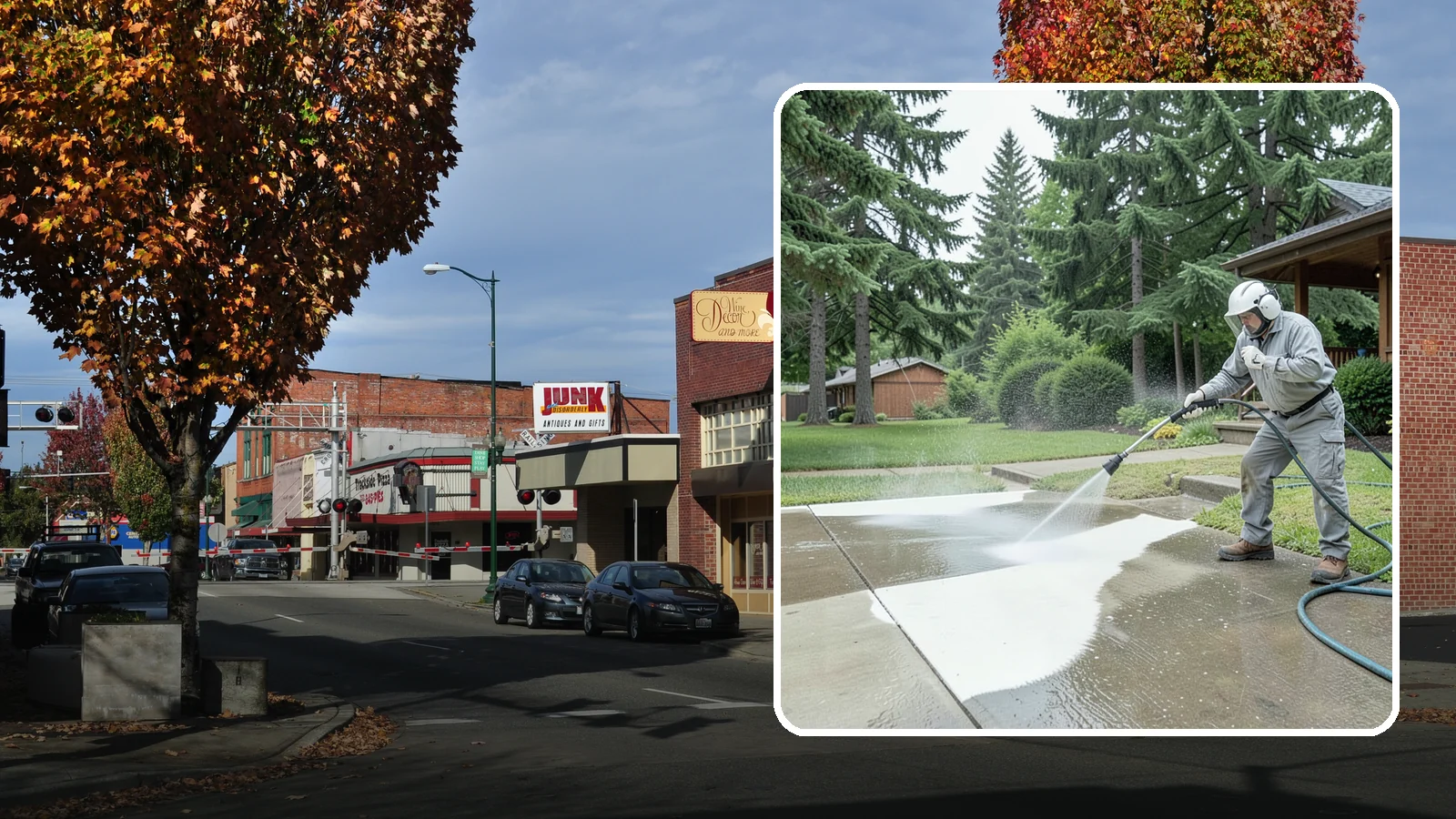 Concrete Surface Cleaning in Puyallup, Pierce County, WA - General concrete surface cleaning that clears dirt, moss film, and organic staining from flatwork and walls.