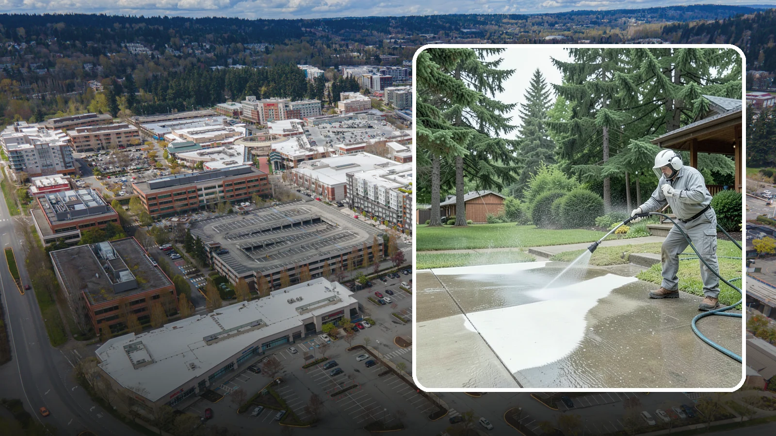 Concrete Surface Cleaning in Redmond, King County, WA - General concrete surface cleaning that clears dirt, moss film, and organic staining from flatwork and walls.