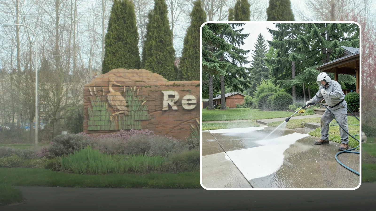 Concrete Surface Cleaning in Renton, King County, WA - General concrete surface cleaning that clears dirt, moss film, and organic staining from flatwork and walls.