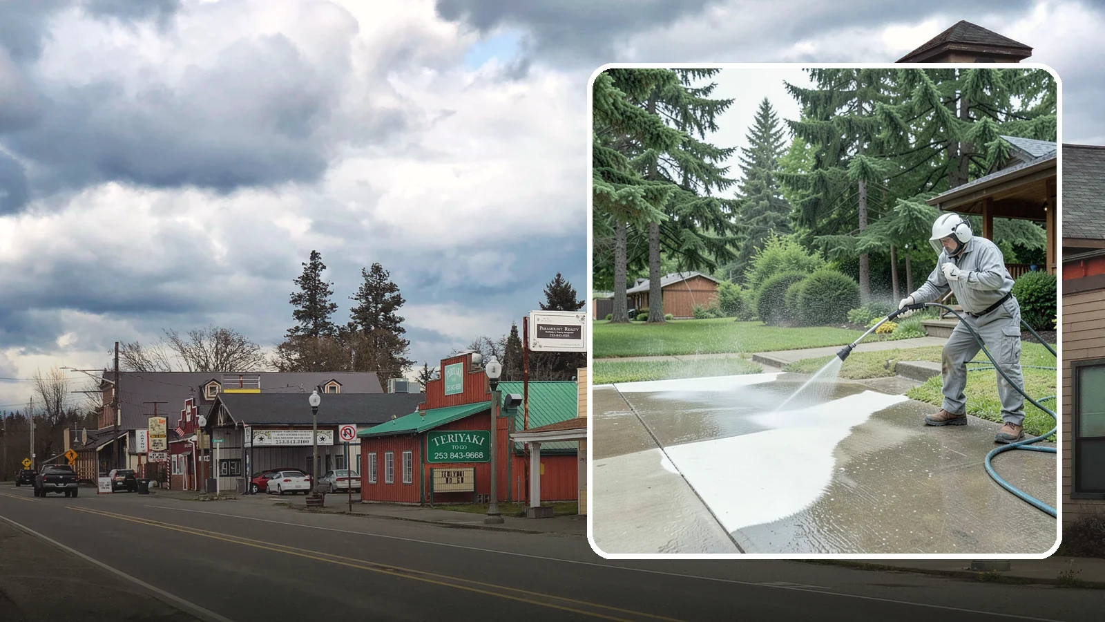 Concrete Surface Cleaning in Roy, Pierce County, WA - General concrete surface cleaning that clears dirt, moss film, and organic staining from flatwork and walls.