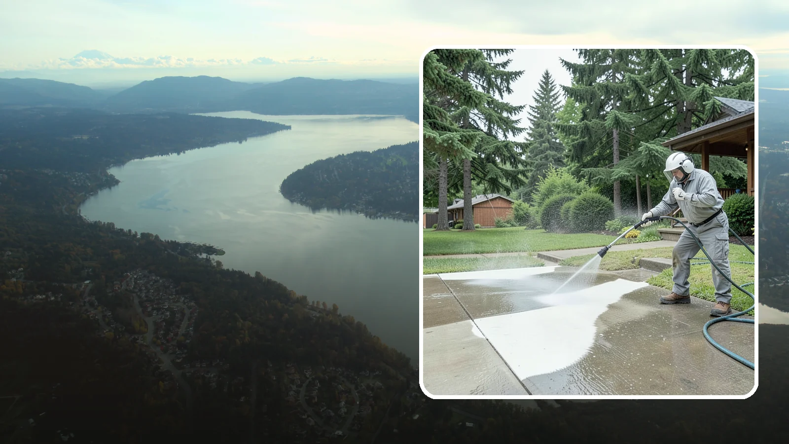 Concrete Surface Cleaning in Sammamish, King County, WA - General concrete surface cleaning that clears dirt, moss film, and organic staining from flatwork and walls.