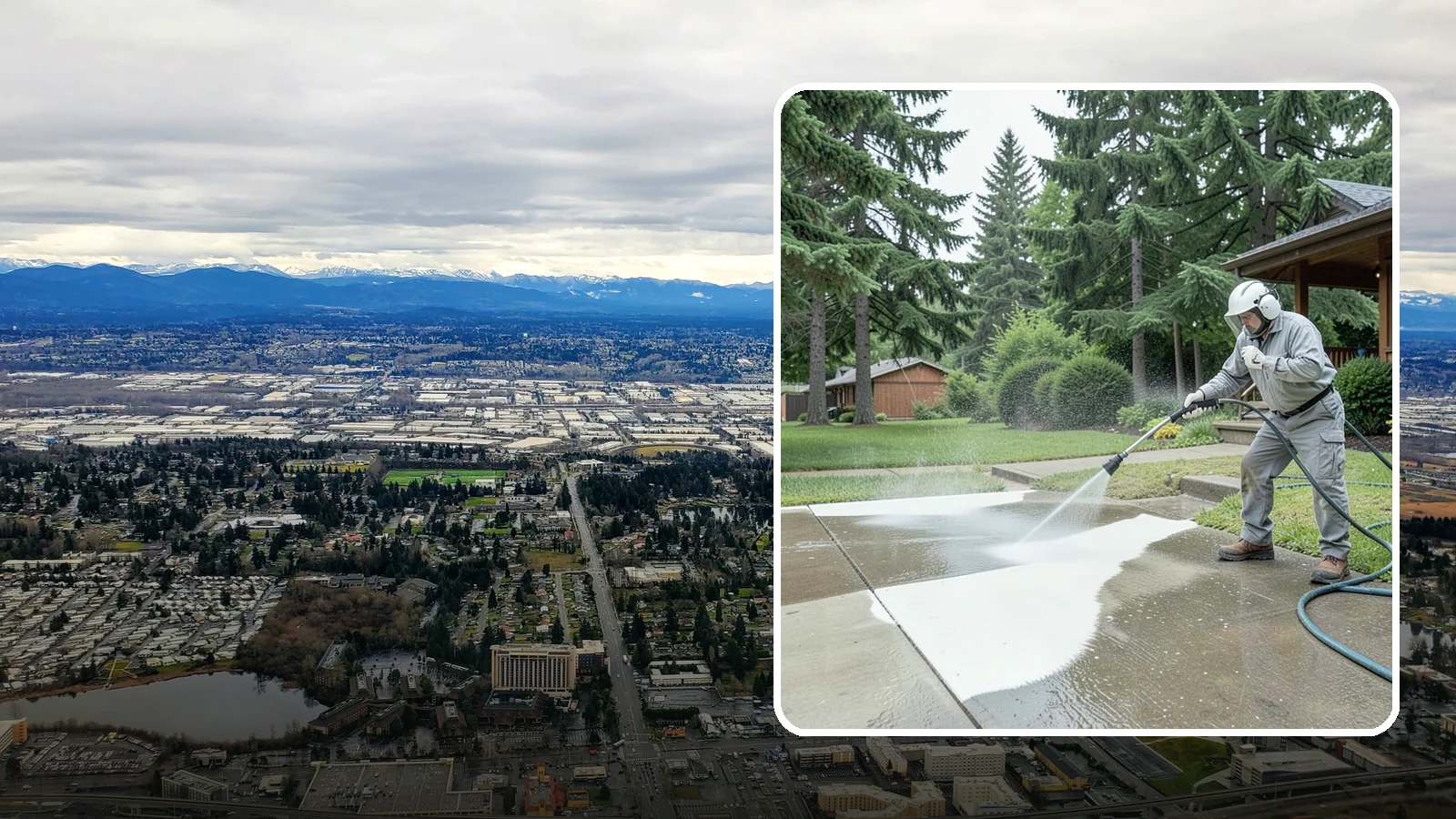 Concrete Surface Cleaning in SeaTac, King County, WA - General concrete surface cleaning that clears dirt, moss film, and organic staining from flatwork and walls.
