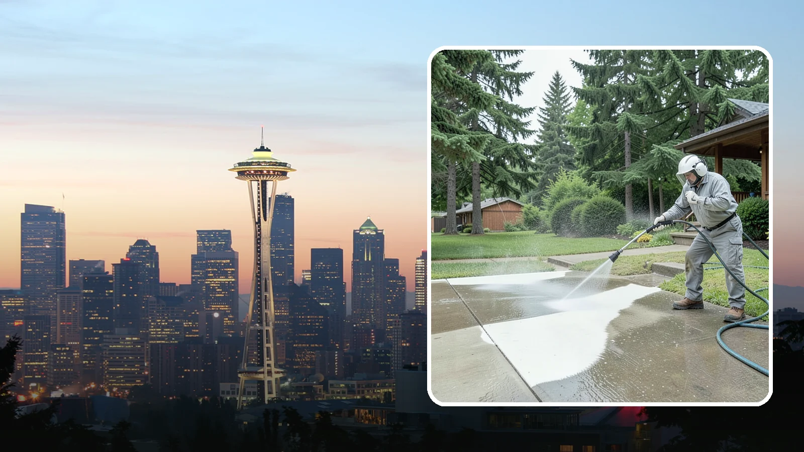 Concrete Surface Cleaning in Seattle, King County, WA - General concrete surface cleaning that clears dirt, moss film, and organic staining from flatwork and walls.
