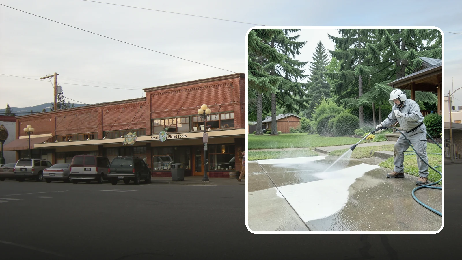 Concrete Surface Cleaning in Sedro-Woolley, Skagit County, WA - General concrete surface cleaning that clears dirt, moss film, and organic staining from flatwork and walls.