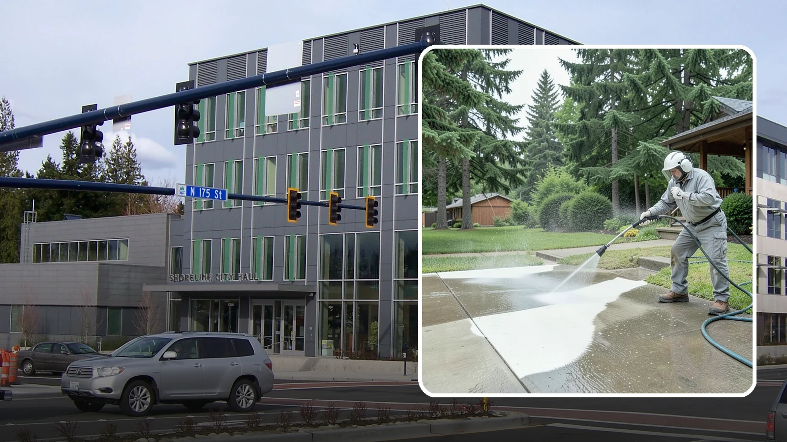 Concrete Surface Cleaning in Shoreline, King County, WA - General concrete surface cleaning that clears dirt, moss film, and organic staining from flatwork and walls.