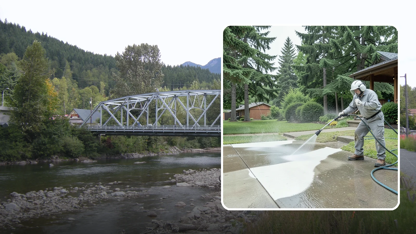 Concrete Surface Cleaning in Skykomish, King County, WA - General concrete surface cleaning that clears dirt, moss film, and organic staining from flatwork and walls.