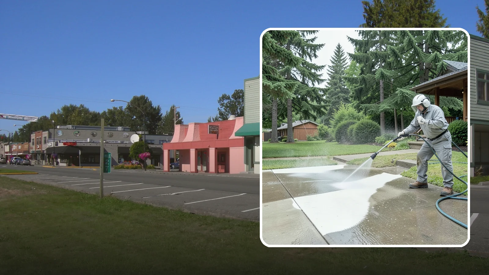 Concrete Surface Cleaning in Snoqualmie, King County, WA - General concrete surface cleaning that clears dirt, moss film, and organic staining from flatwork and walls.