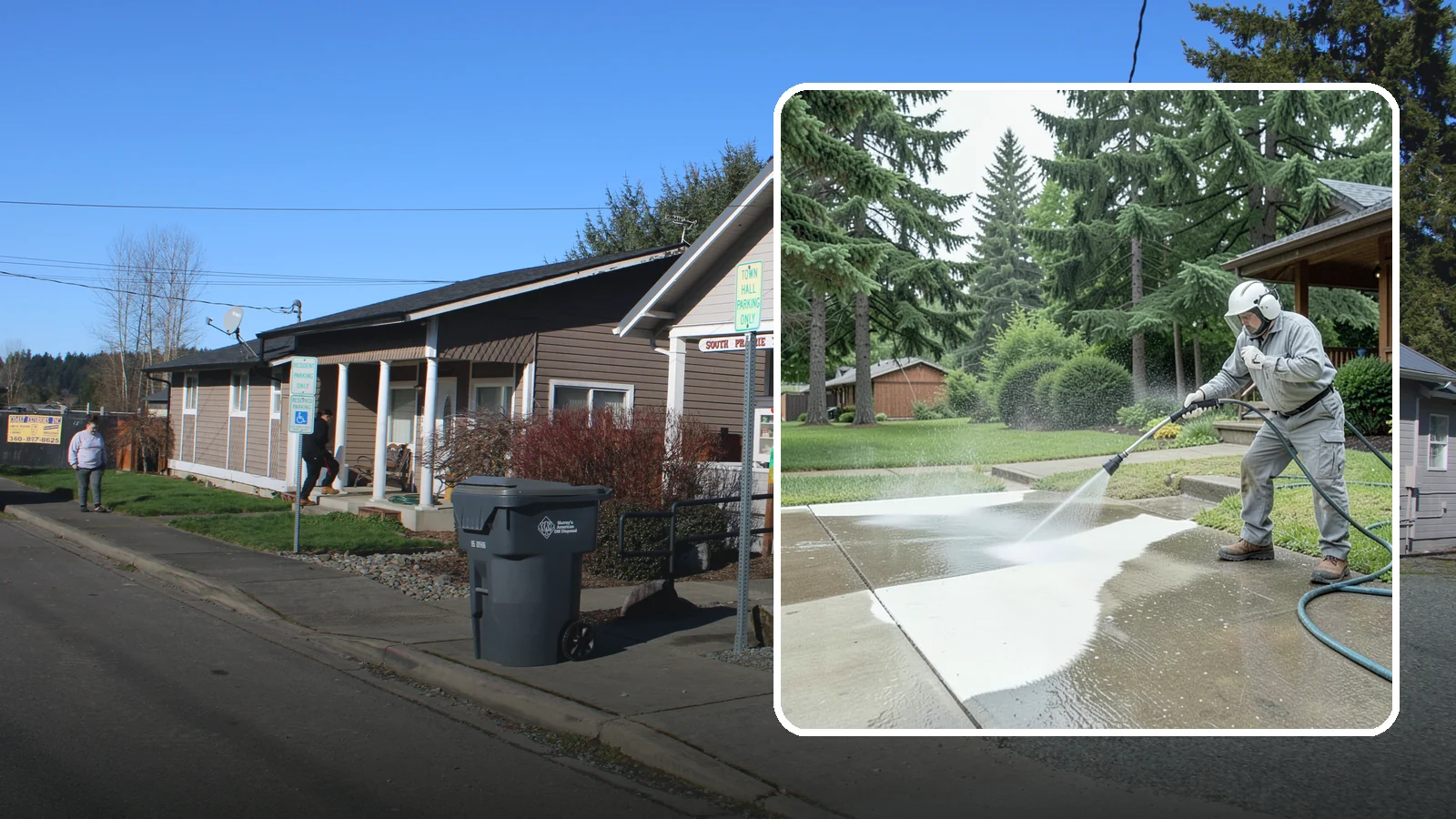 Concrete Surface Cleaning in South Prairie, Pierce County, WA - General concrete surface cleaning that clears dirt, moss film, and organic staining from flatwork and walls.