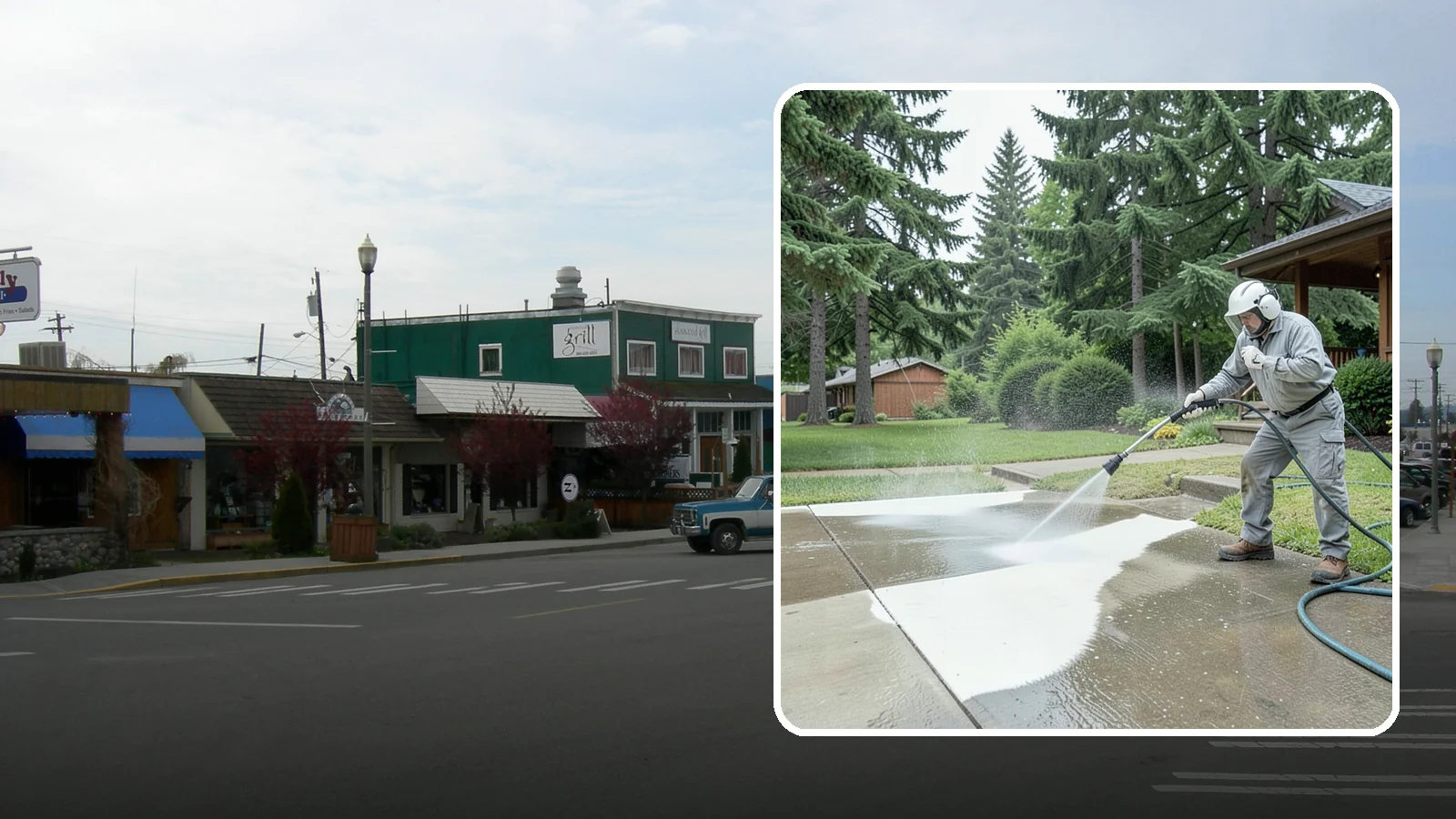 Concrete Surface Cleaning in Stanwood, Snohomish County, WA - General concrete surface cleaning that clears dirt, moss film, and organic staining from flatwork and walls.