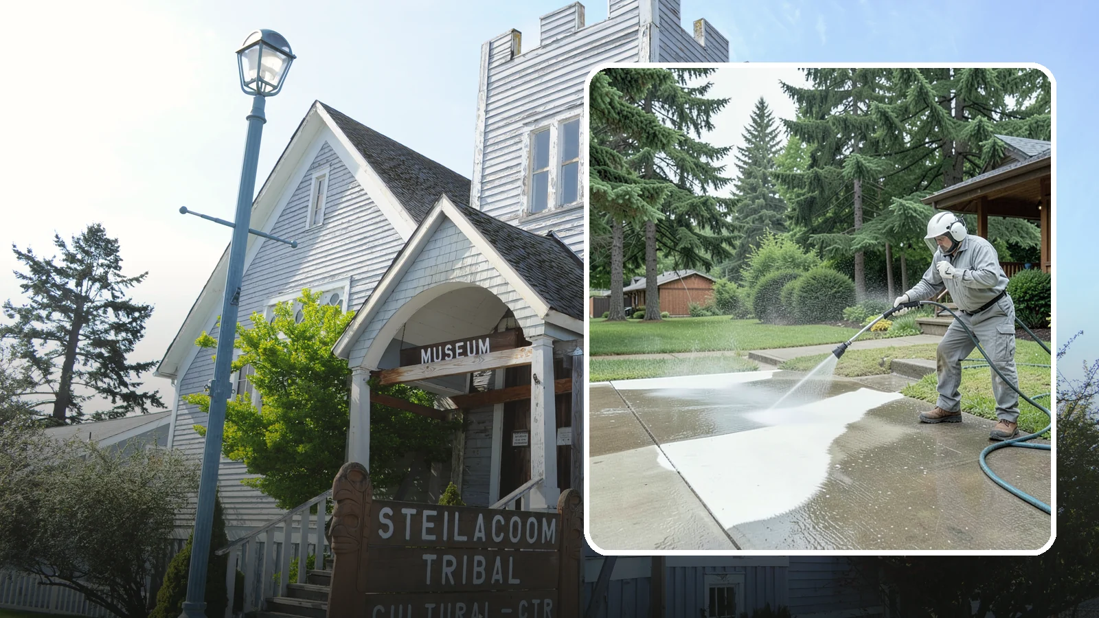 Concrete Surface Cleaning in Steilacoom, Pierce County, WA - General concrete surface cleaning that clears dirt, moss film, and organic staining from flatwork and walls.