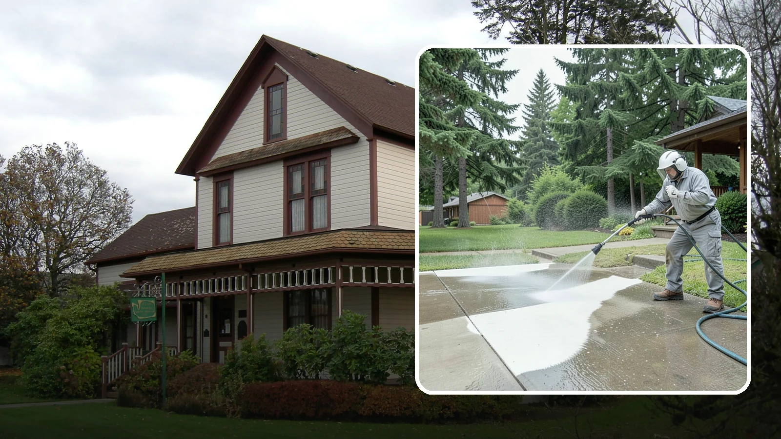 Concrete Surface Cleaning in Sumner, Pierce County, WA - General concrete surface cleaning that clears dirt, moss film, and organic staining from flatwork and walls.
