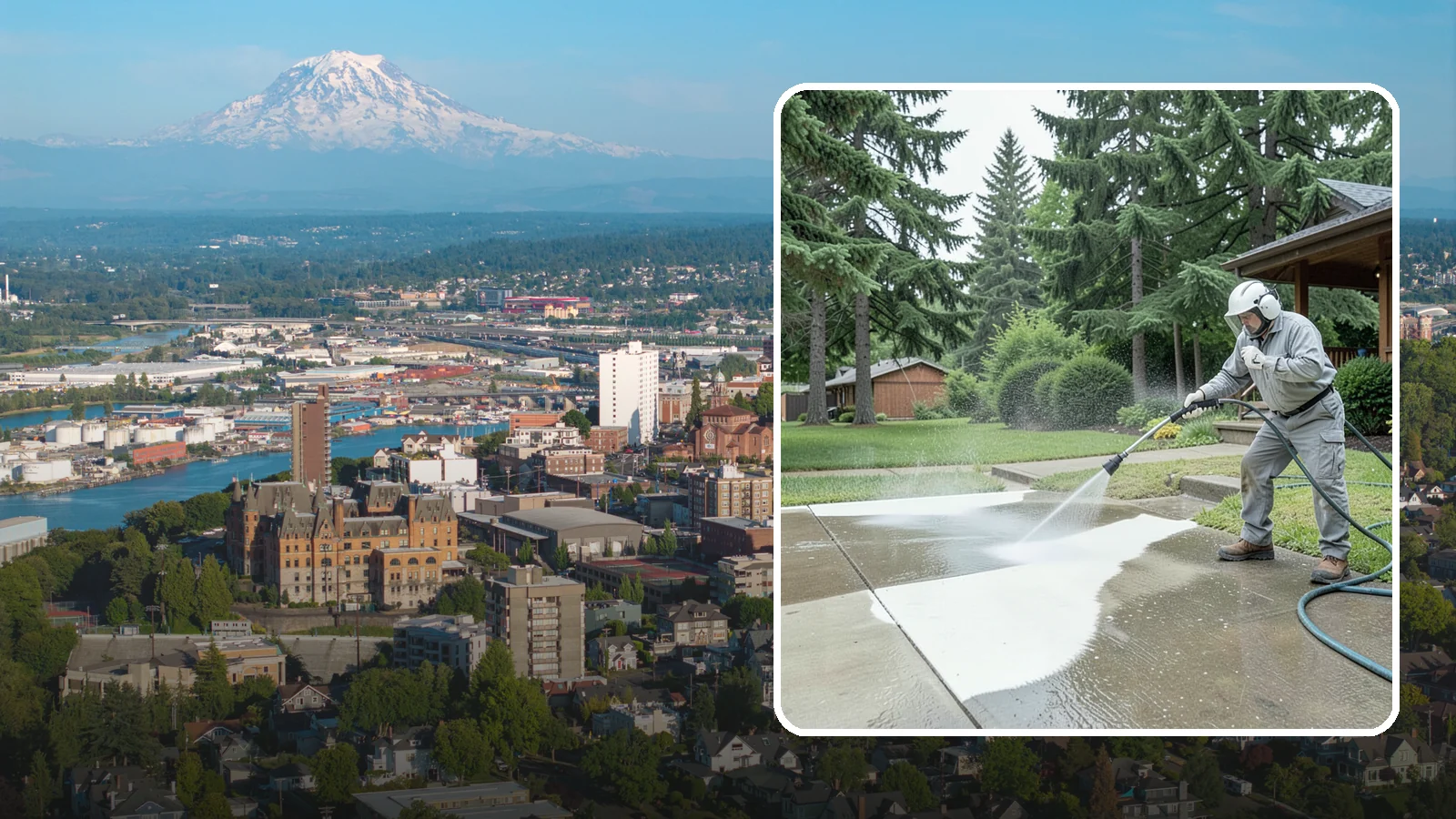 Concrete Surface Cleaning in Tacoma, Pierce County, WA - General concrete surface cleaning that clears dirt, moss film, and organic staining from flatwork and walls.