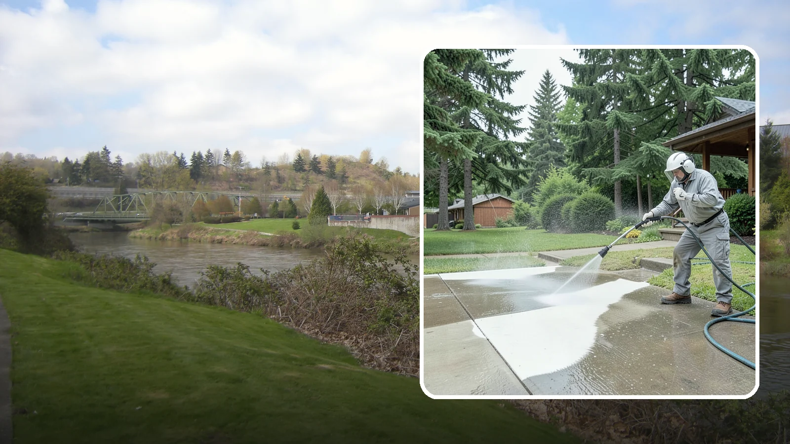 Concrete Surface Cleaning in Tukwila, King County, WA - General concrete surface cleaning that clears dirt, moss film, and organic staining from flatwork and walls.