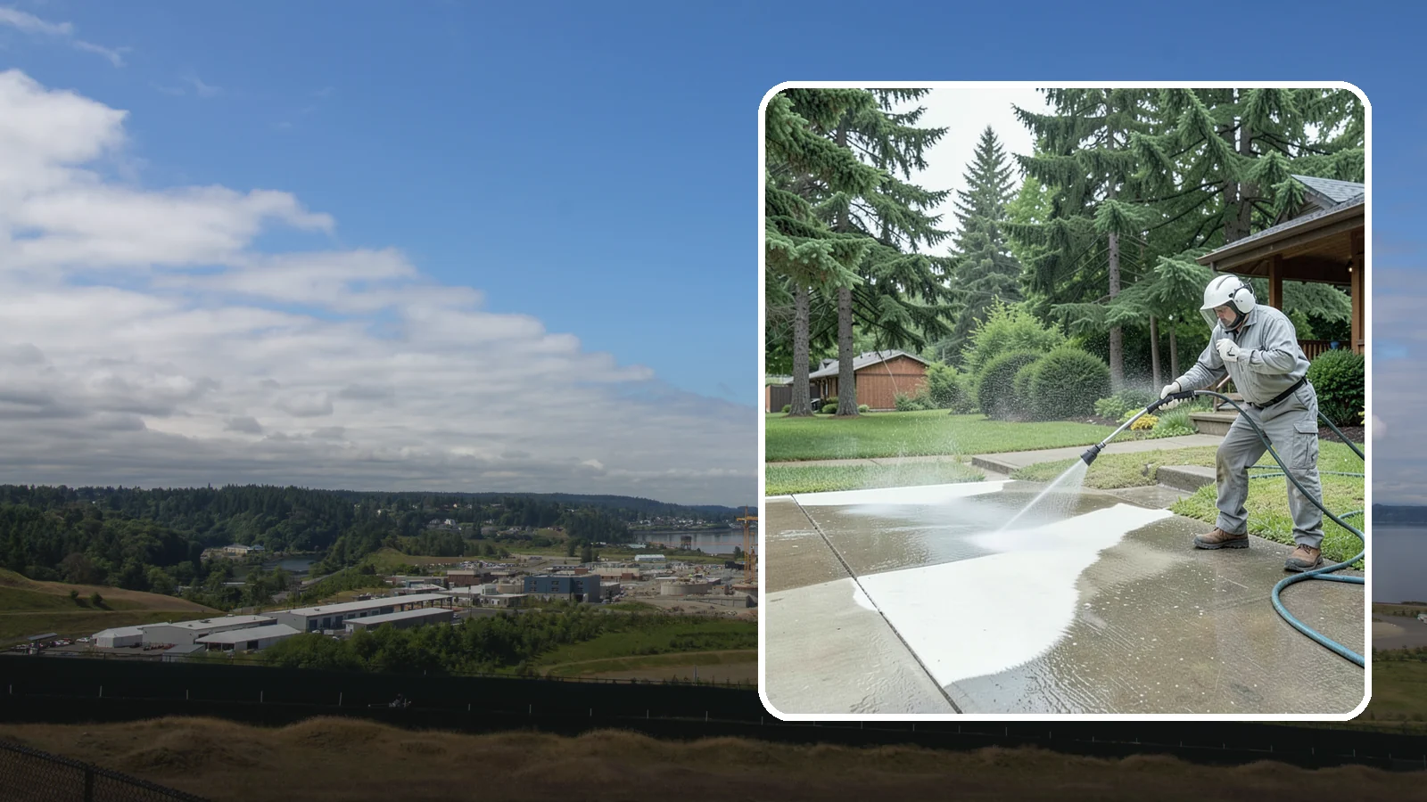 Concrete Surface Cleaning in University Place, Pierce County, WA - General concrete surface cleaning that clears dirt, moss film, and organic staining from flatwork and walls.
