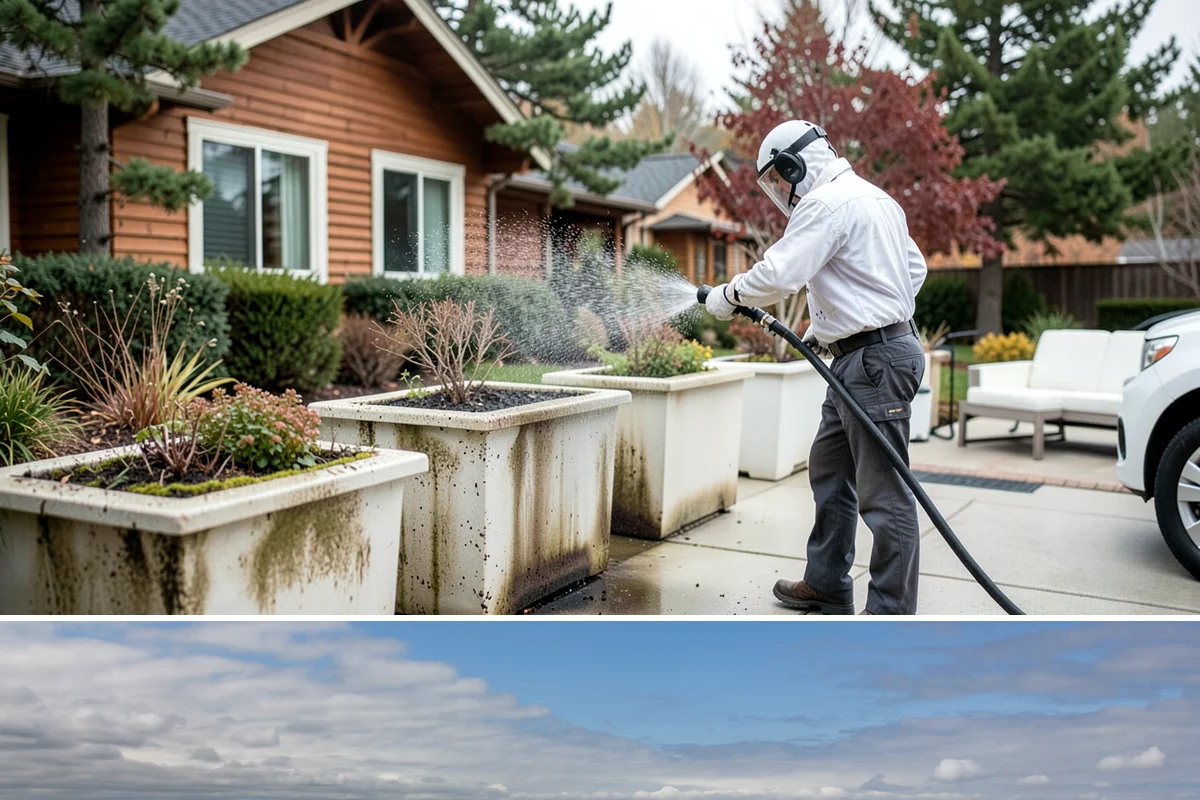Concrete Surface Cleaning in University Place, Pierce County, WA - Clean concrete surfaces in spring or summer once the weather dries out, clearing the film that builds through the wet season.