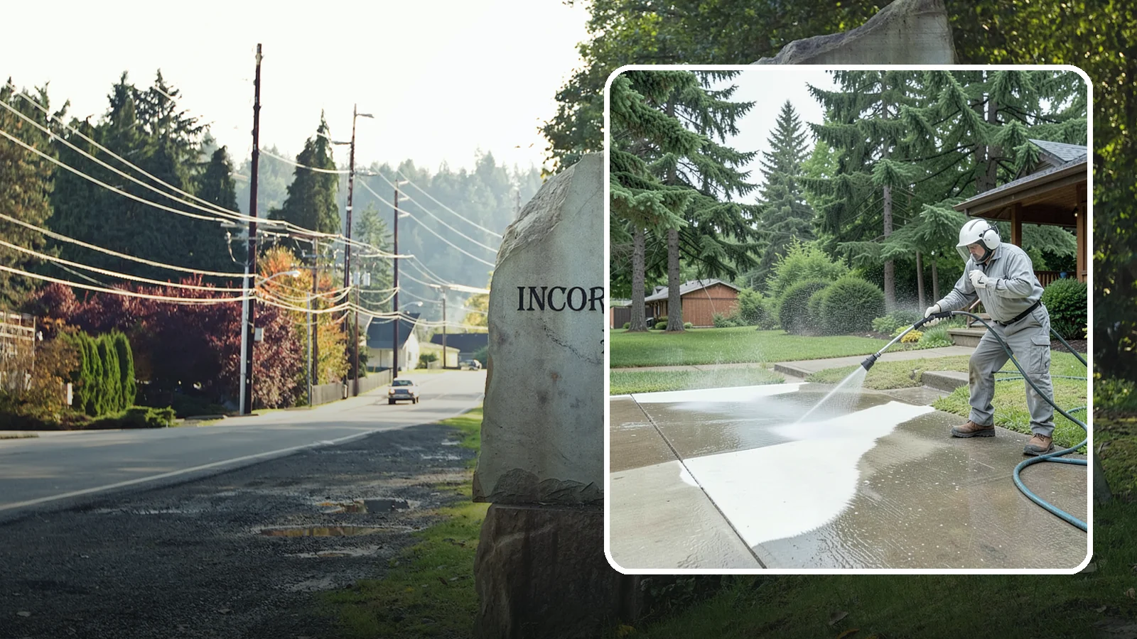 Concrete Surface Cleaning in Wilkeson, Pierce County, WA - General concrete surface cleaning that clears dirt, moss film, and organic staining from flatwork and walls.
