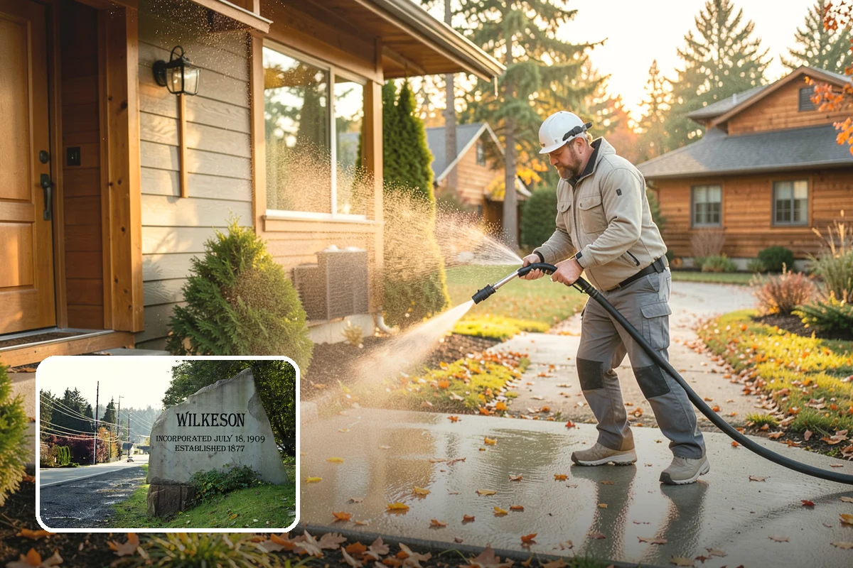 Concrete Surface Cleaning in Wilkeson, Pierce County, WA - Removes green film, dirt, and organic staining