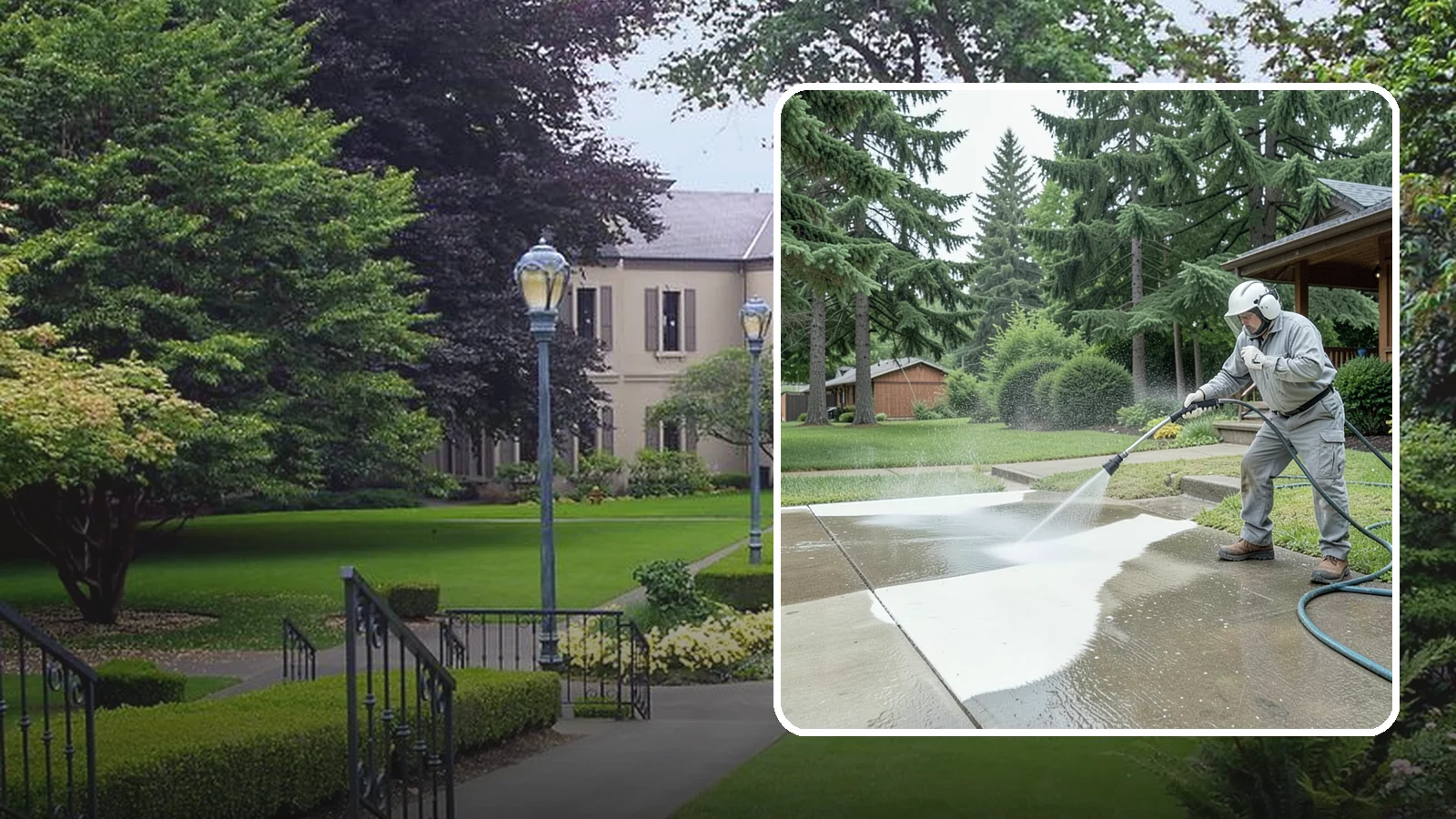Concrete Surface Cleaning in Woodinville, King County, WA - General concrete surface cleaning that clears dirt, moss film, and organic staining from flatwork and walls.
