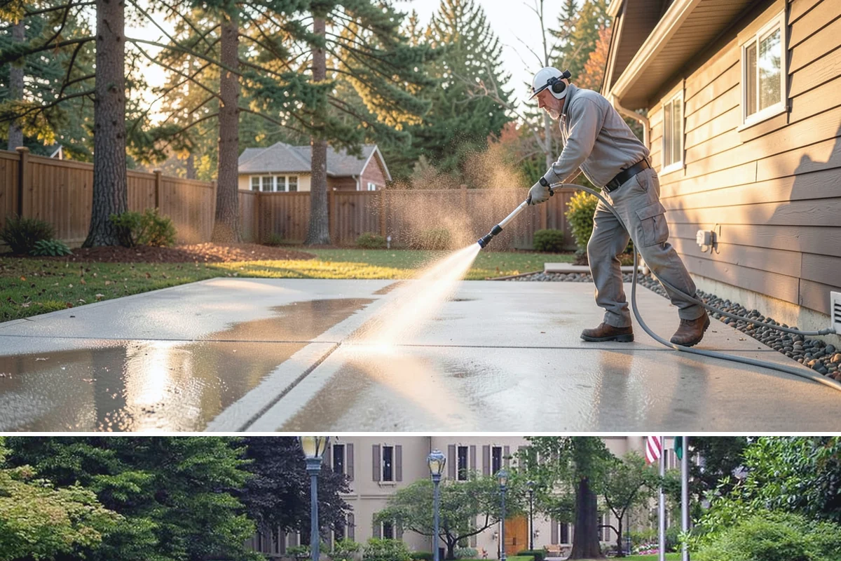 Concrete Surface Cleaning in Woodinville, King County, WA - Clean concrete surfaces in spring or summer once the weather dries out, clearing the film that builds through the wet season.