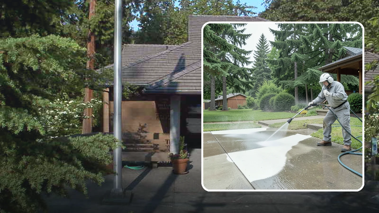 Concrete Surface Cleaning in Yarrow Point, King County, WA - General concrete surface cleaning that clears dirt, moss film, and organic staining from flatwork and walls.