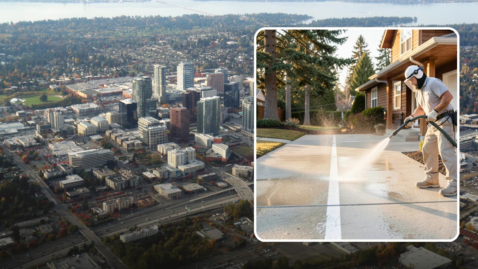 Concrete Walkway Cleaning in Bellevue, King County, WA - Deep-clean poured concrete walkways to lift years of Northwest grime, algae, and shaded discoloration.