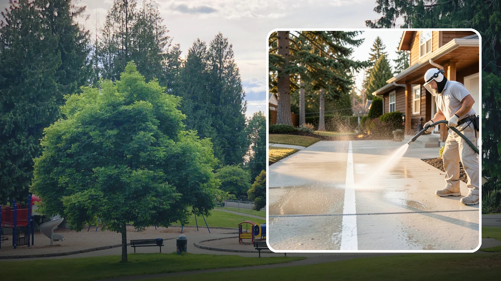 Concrete Walkway Cleaning in Bonney Lake, Pierce County, WA - Deep-clean poured concrete walkways to lift years of Northwest grime, algae, and shaded discoloration.