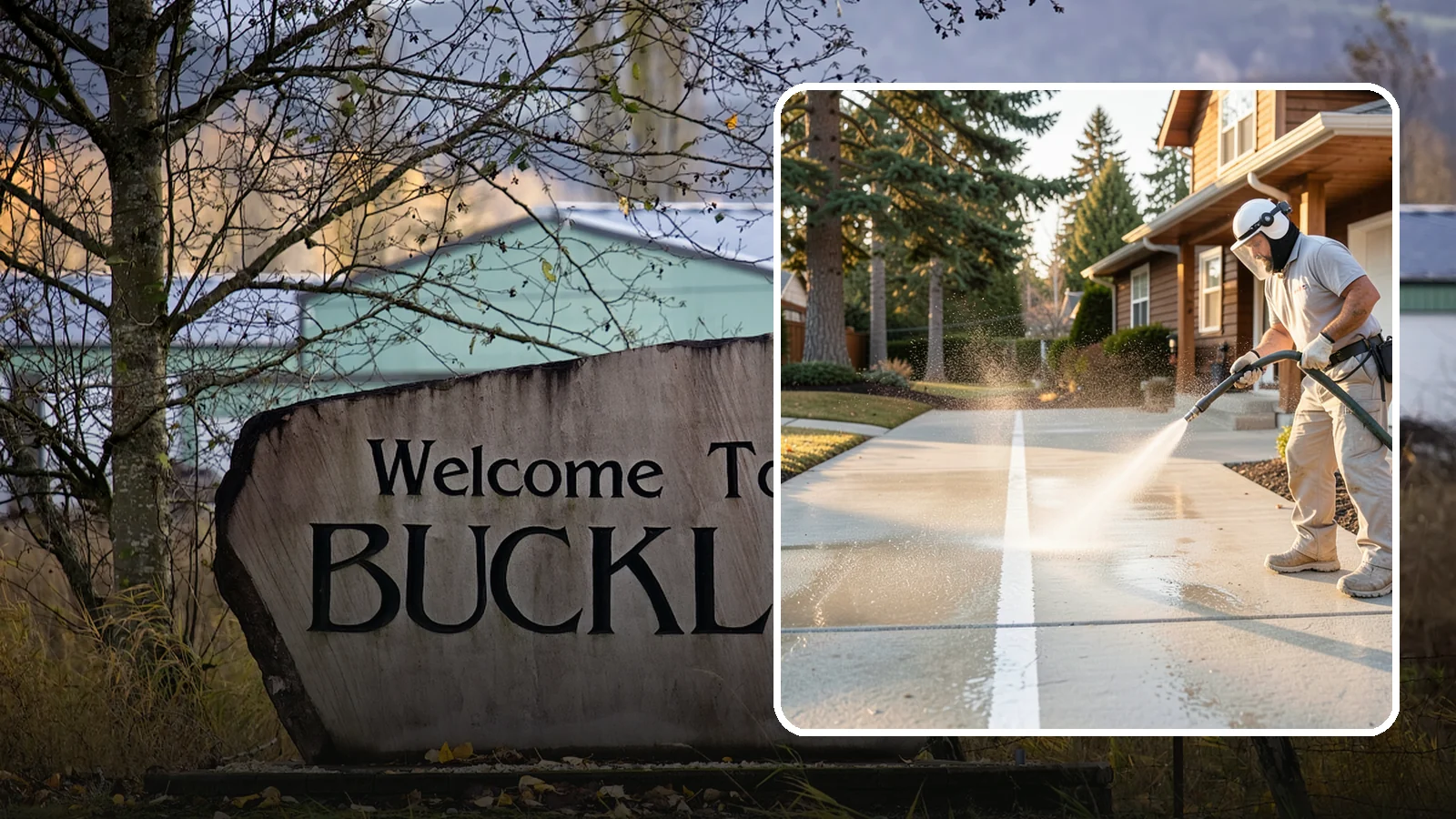 Concrete Walkway Cleaning in Buckley, Pierce County, WA - Deep-clean poured concrete walkways to lift years of Northwest grime, algae, and shaded discoloration.