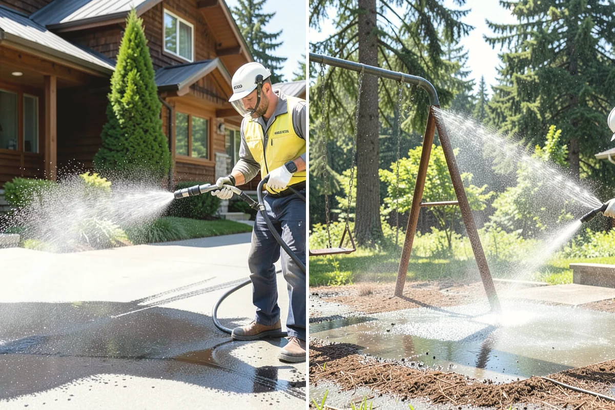 Concrete Walkway Cleaning in Edgewood, Pierce County, WA - Clear debris and protect adjacent planting beds