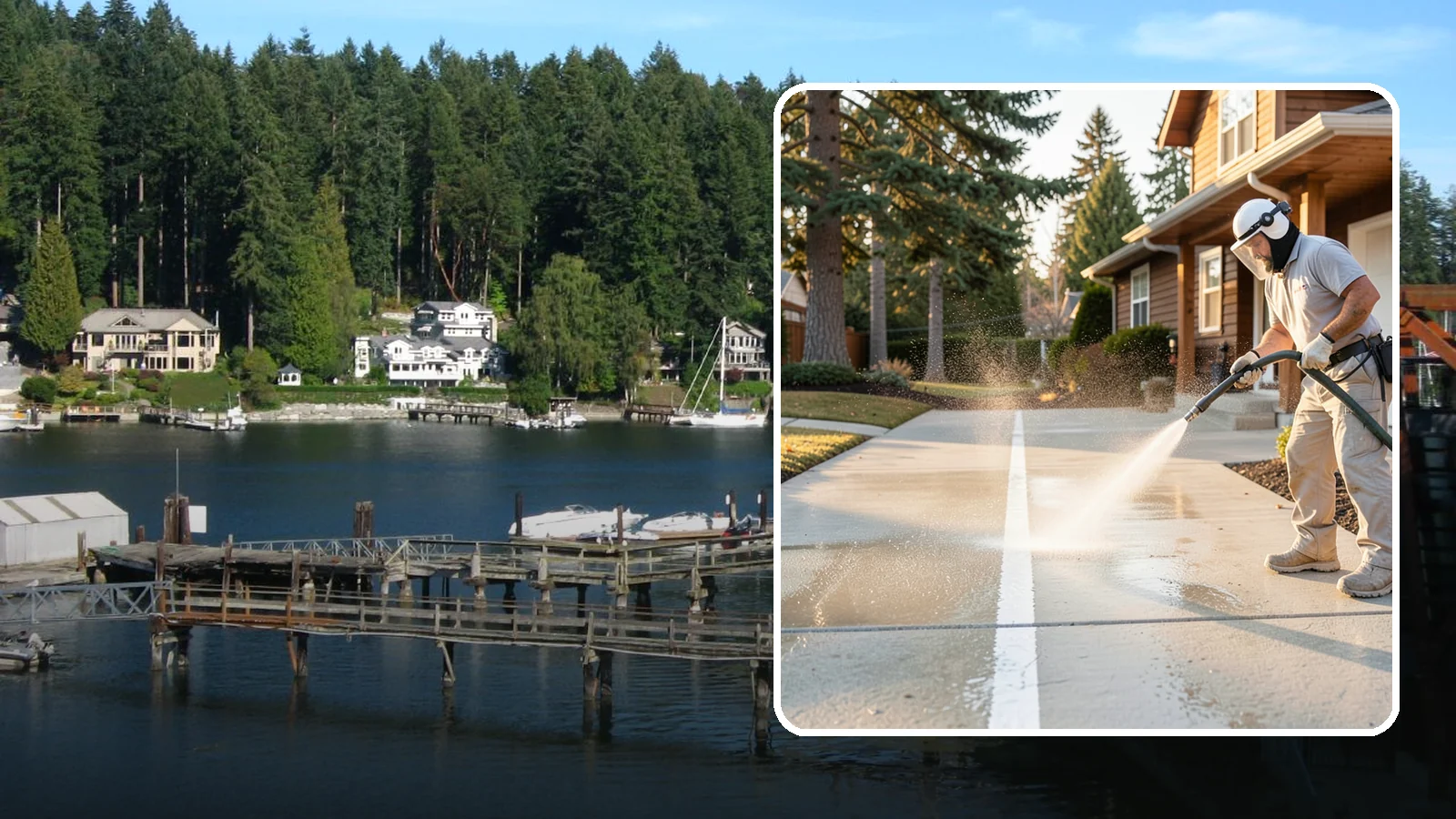 Concrete Walkway Cleaning in Gig Harbor, Pierce County, WA - Deep-clean poured concrete walkways to lift years of Northwest grime, algae, and shaded discoloration.