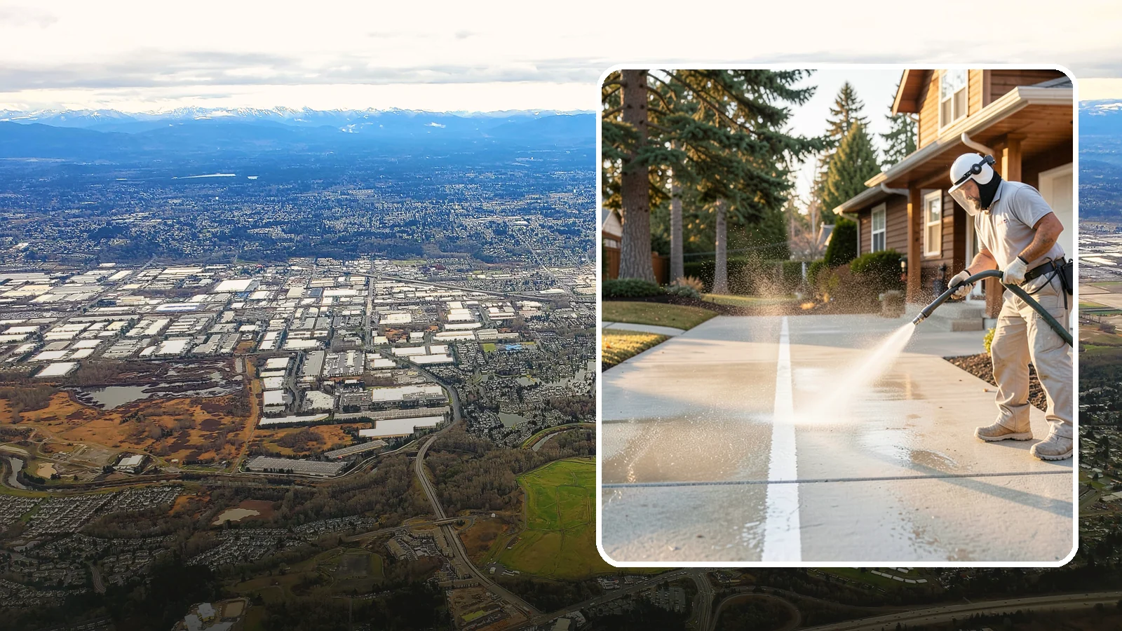 Concrete Walkway Cleaning in Kent, King County, WA - Deep-clean poured concrete walkways to lift years of Northwest grime, algae, and shaded discoloration.
