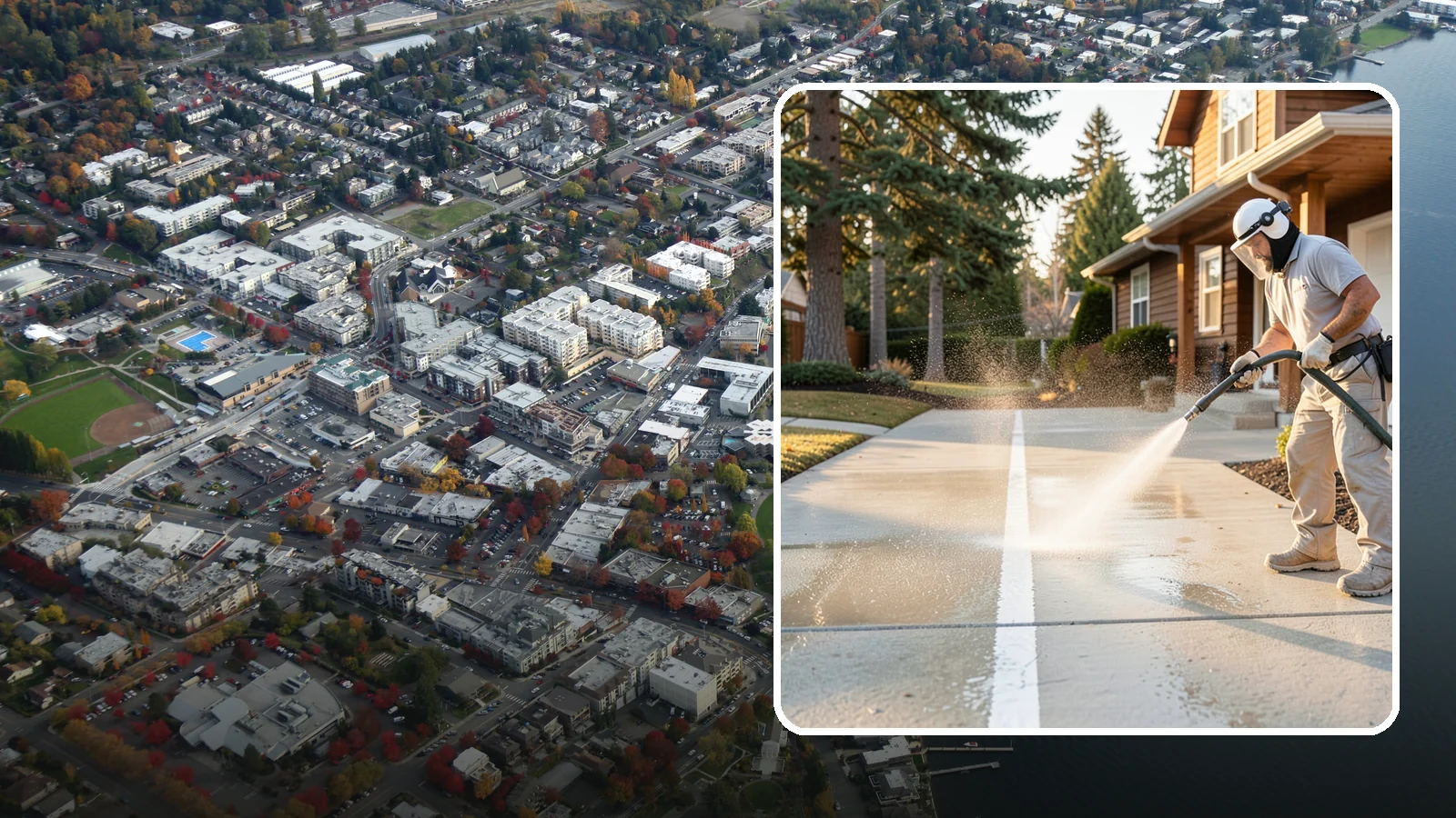 Concrete Walkway Cleaning in Kirkland, King County, WA - Deep-clean poured concrete walkways to lift years of Northwest grime, algae, and shaded discoloration.