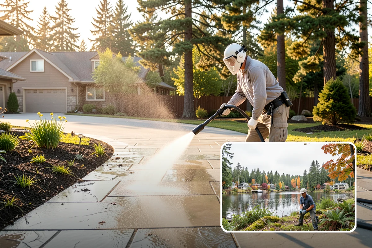 Concrete Walkway Cleaning in La Conner, Skagit County, WA - Lifts embedded grime from porous concrete