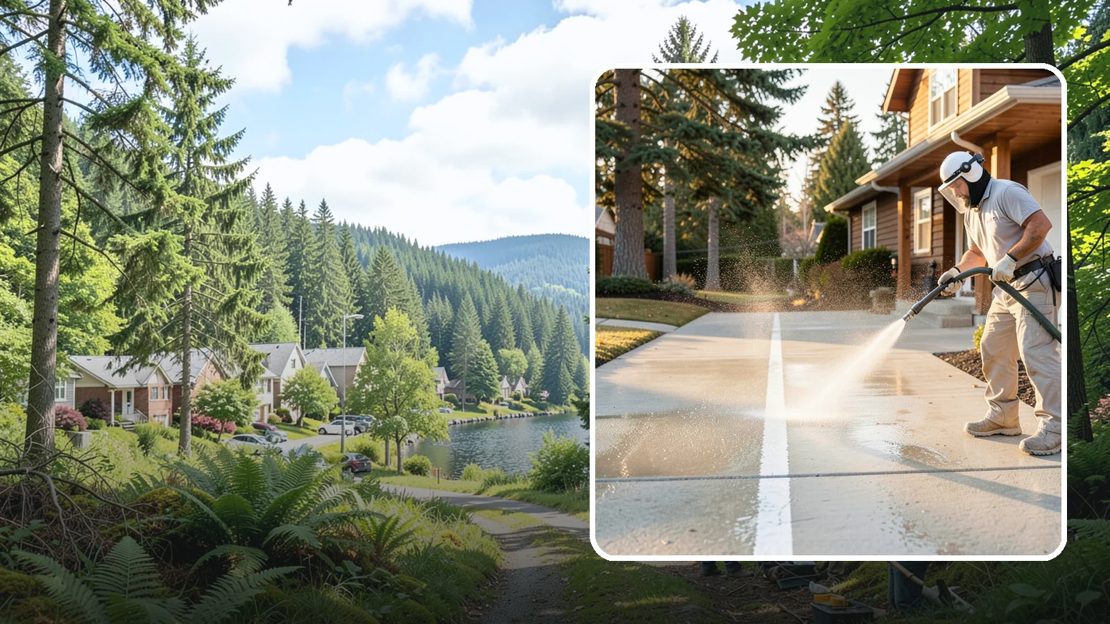 Concrete Walkway Cleaning in Lake Forest Park, King County, WA - Deep-clean poured concrete walkways to lift years of Northwest grime, algae, and shaded discoloration.