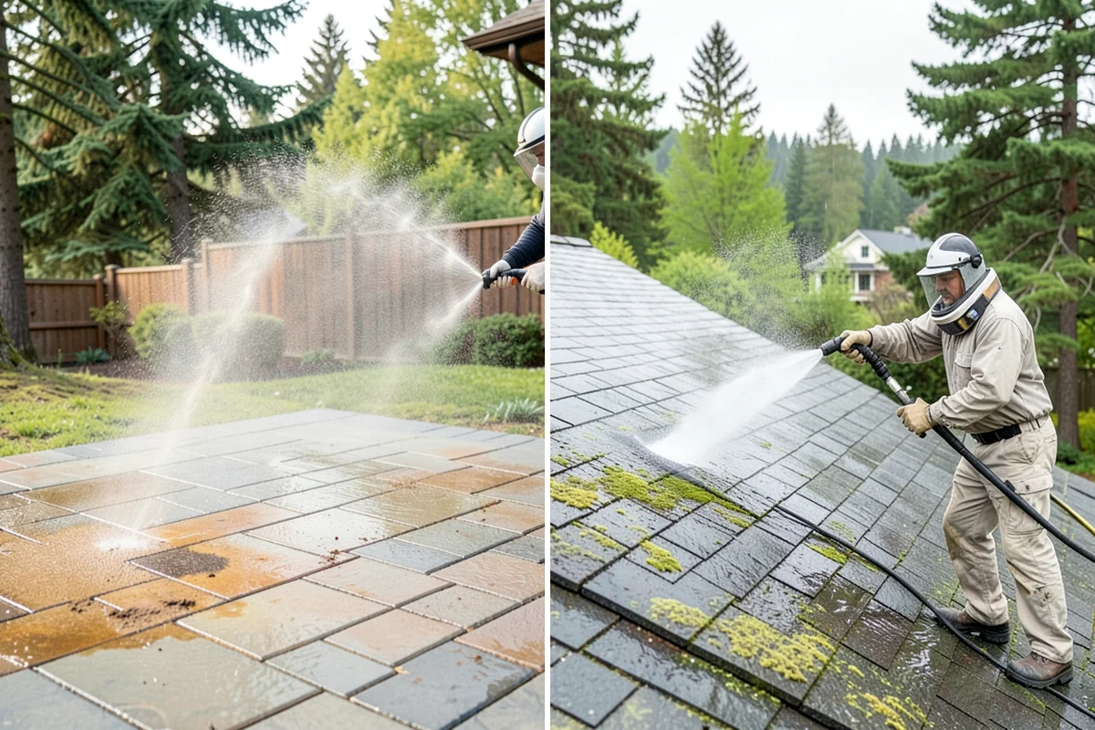 Concrete Walkway Cleaning in Lake Forest Park, King County, WA - Clear debris and protect adjacent planting beds
