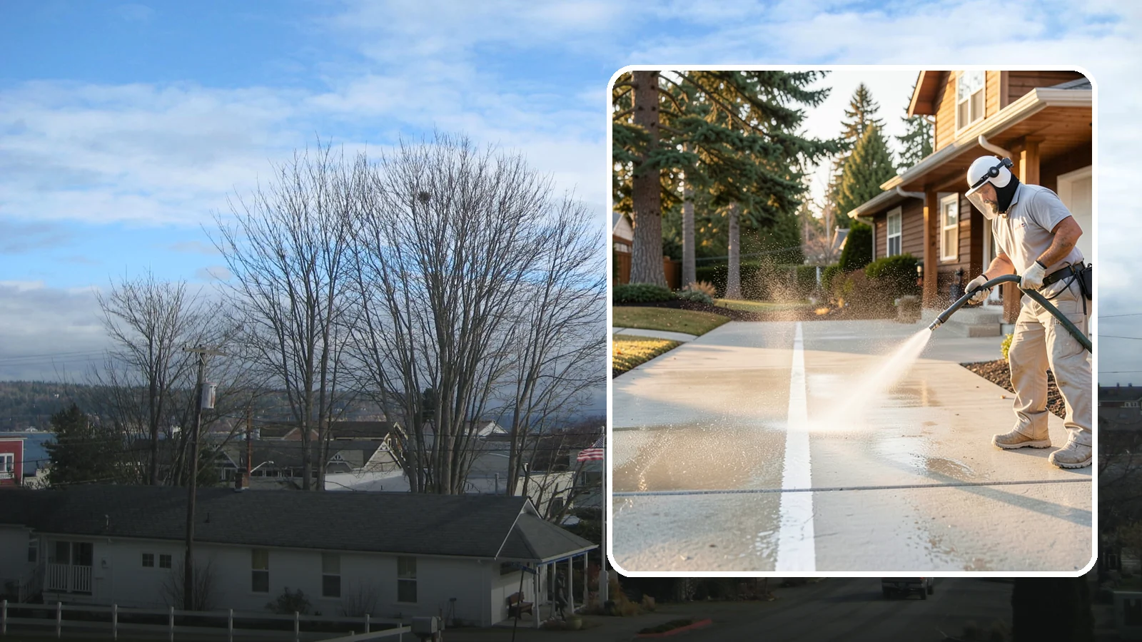 Concrete Walkway Cleaning in Langley, Island County, WA - Deep-clean poured concrete walkways to lift years of Northwest grime, algae, and shaded discoloration.