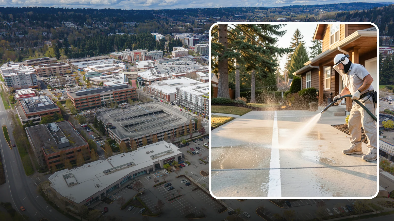 Concrete Walkway Cleaning in Redmond, King County, WA - Deep-clean poured concrete walkways to lift years of Northwest grime, algae, and shaded discoloration.