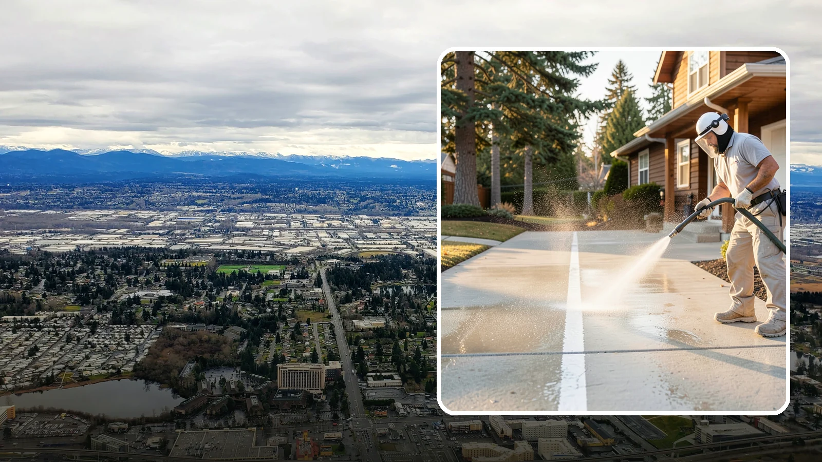 Concrete Walkway Cleaning in SeaTac, King County, WA - Deep-clean poured concrete walkways to lift years of Northwest grime, algae, and shaded discoloration.