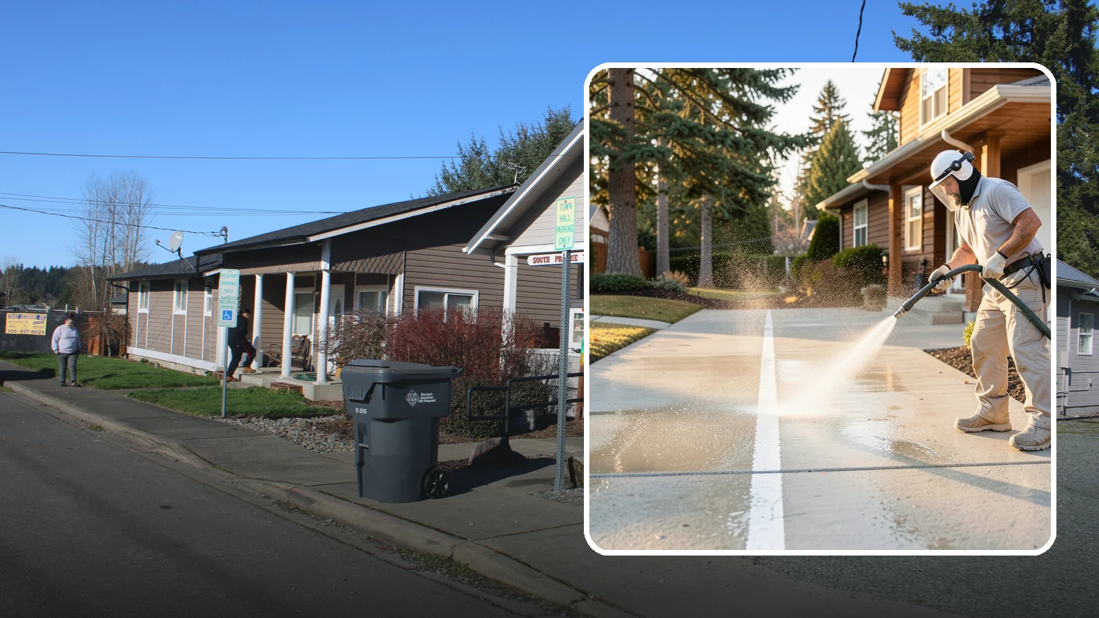 Concrete Walkway Cleaning in South Prairie, Pierce County, WA - Deep-clean poured concrete walkways to lift years of Northwest grime, algae, and shaded discoloration.