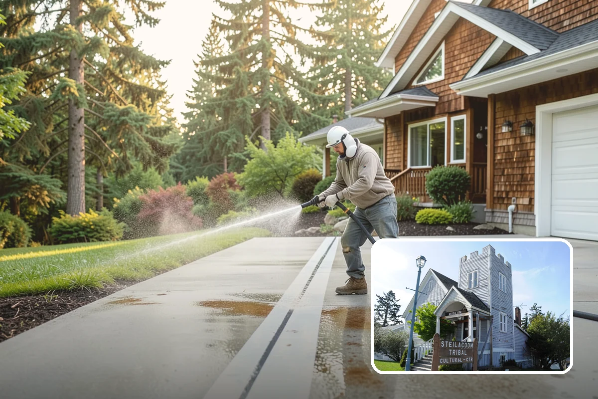 Concrete Walkway Cleaning in Steilacoom, Pierce County, WA - Lifts embedded grime from porous concrete