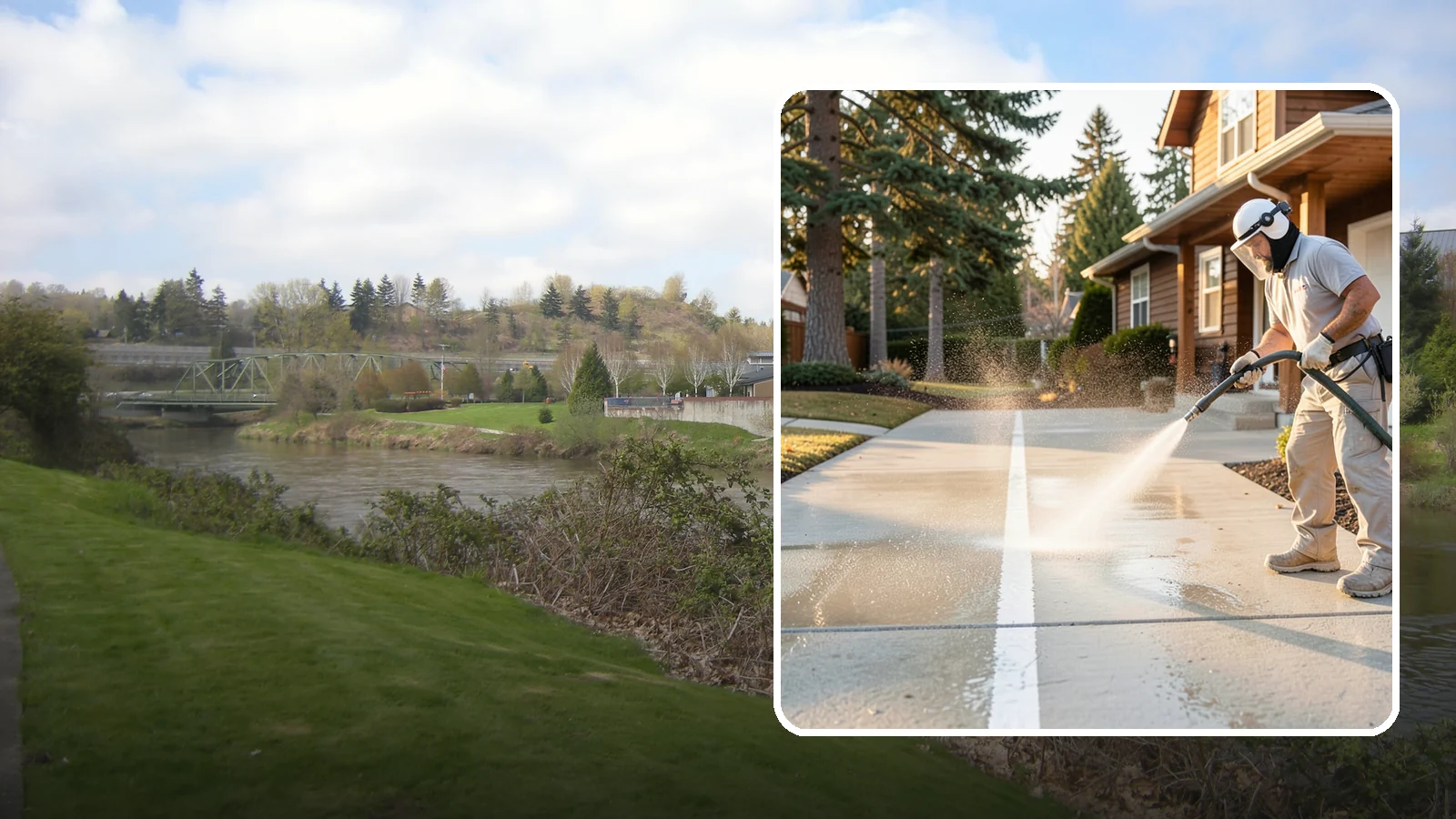 Concrete Walkway Cleaning in Tukwila, King County, WA - Deep-clean poured concrete walkways to lift years of Northwest grime, algae, and shaded discoloration.