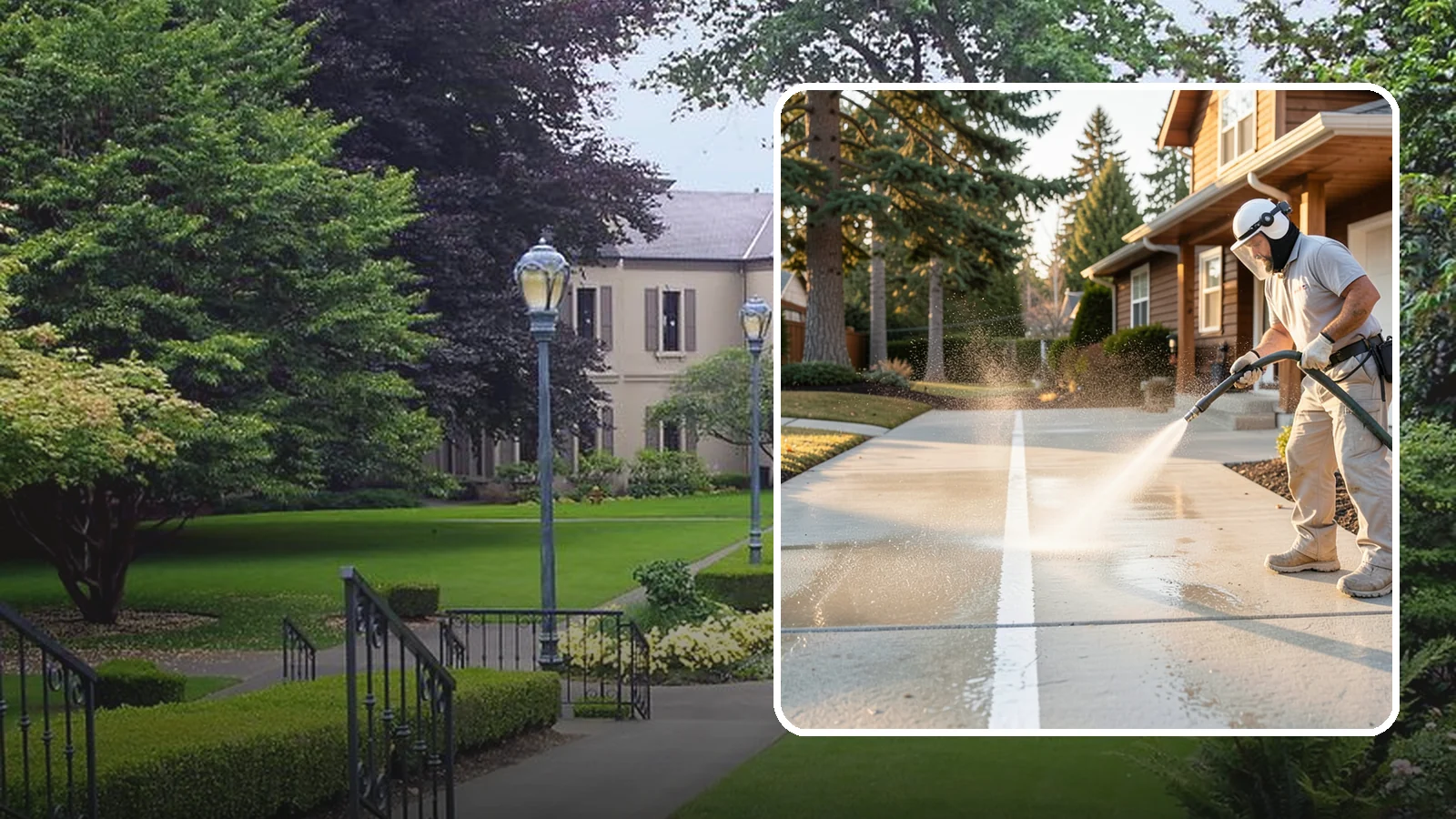 Concrete Walkway Cleaning in Woodinville, King County, WA - Deep-clean poured concrete walkways to lift years of Northwest grime, algae, and shaded discoloration.