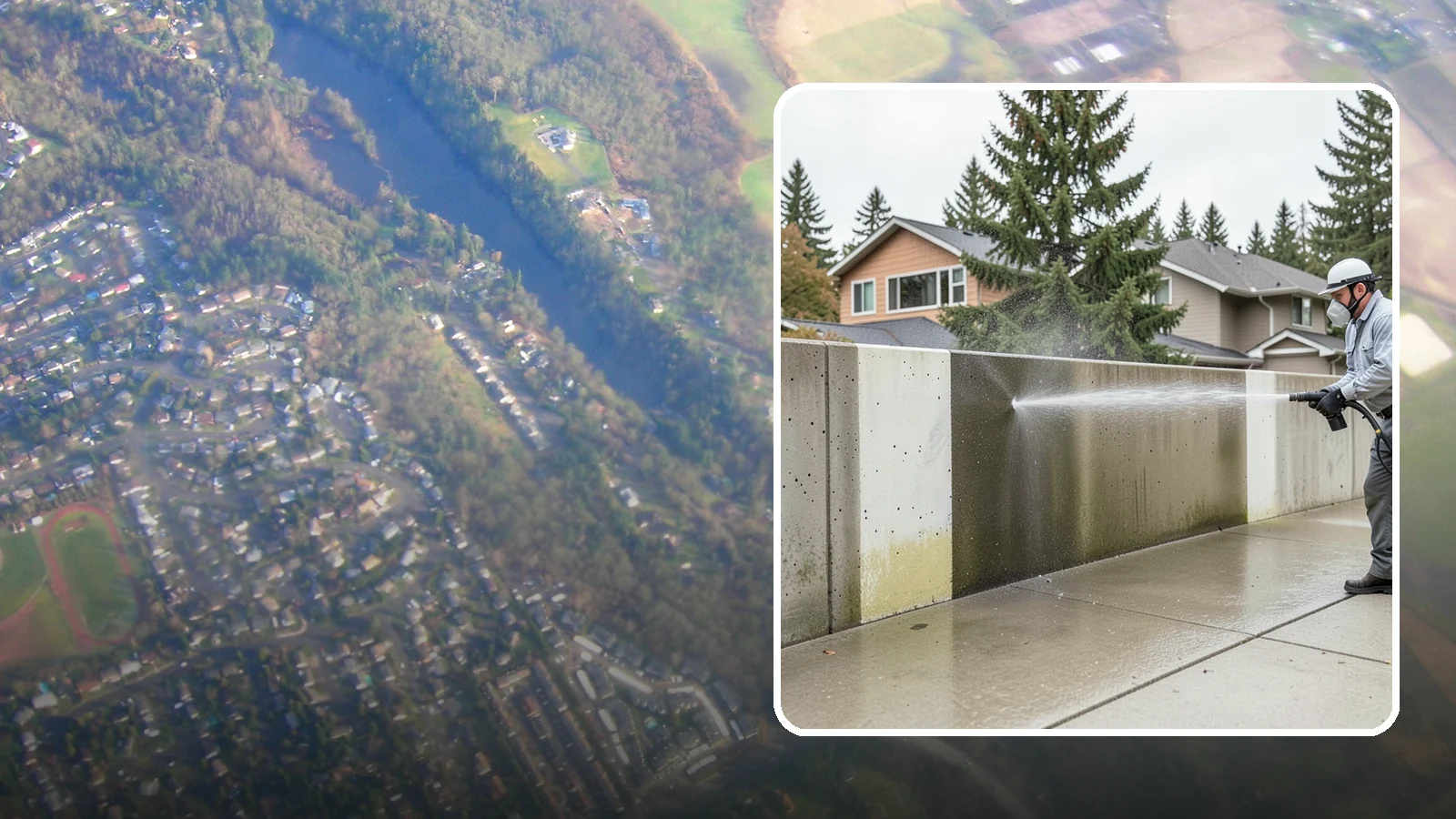 Concrete Wall Cleaning in Algona, King County, WA - Wash algae and grime from vertical concrete walls using soft-wash methods that clean without gouging.
